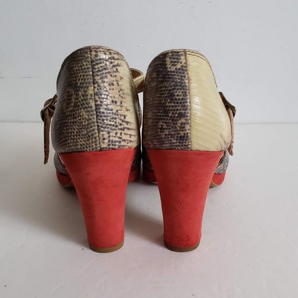 FARYLROBIN Leather Snakeskin Coral Red Suede Peep Toe Heels Anthropologie - Picture 10 of 15